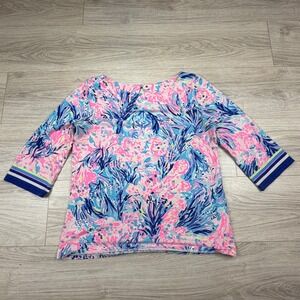 Lilly Pulitzer Waverly Top Shirt Fan Sea Periwinkle Blouse 3/4 Sleeve Top Size M